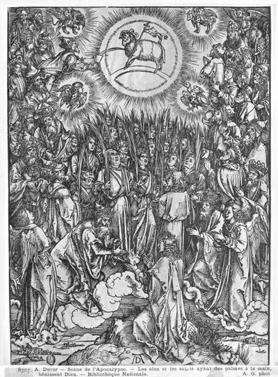 黙示録のシーン、羊の礼拝、ドイツ語版、1498 作： Albrecht Dürer